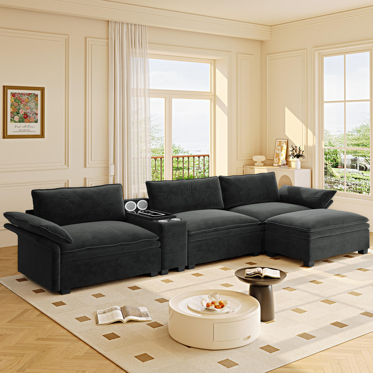 ECKSOFA 315/70/85 cm Schwarz mit Fußhocker, kabelloses Laden, Lautsprecher, Licht und 2 Getränkehalter - Schwarz, Textil (315/70cm) - Oxeza