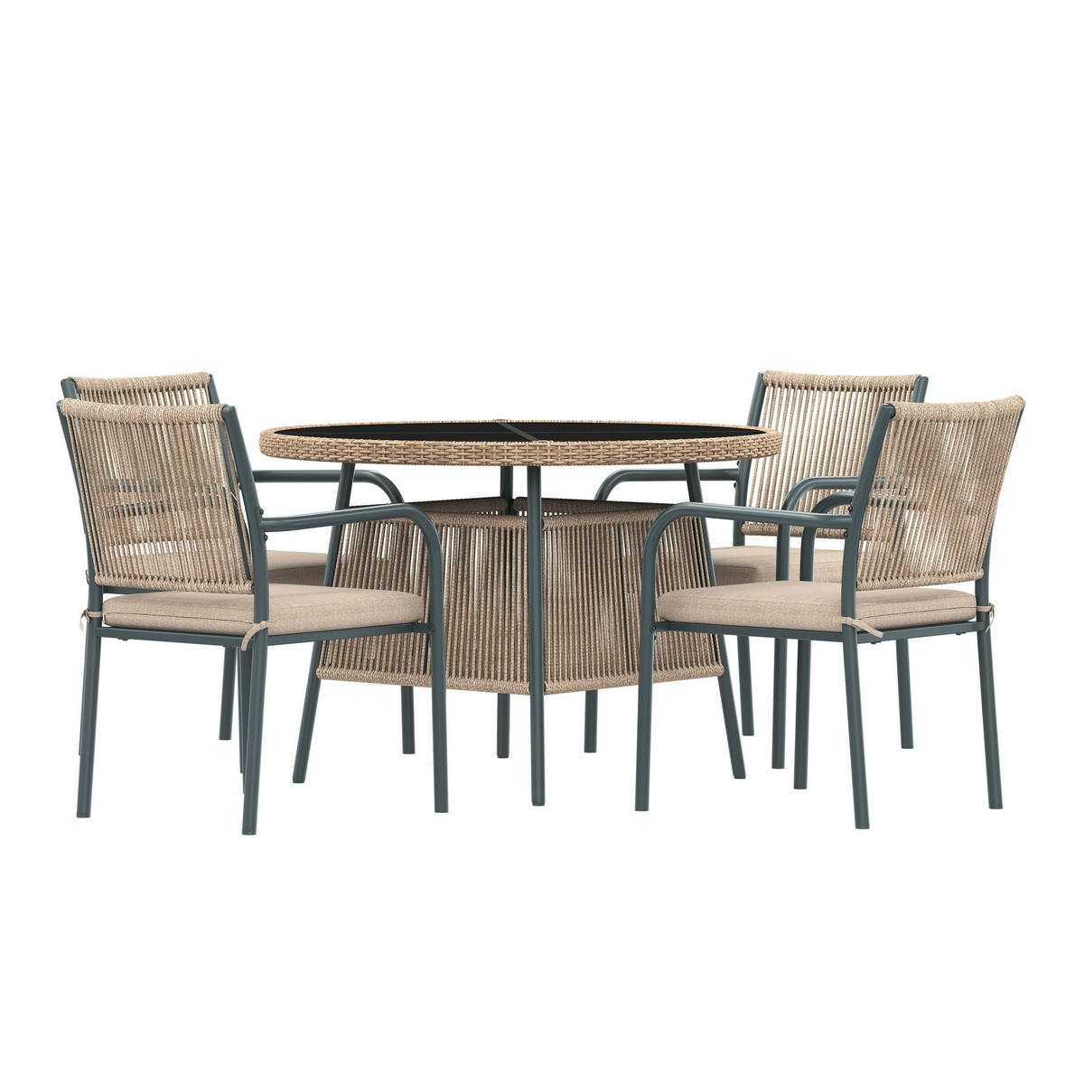 GARTENMÖBELSET 110/110/74 cm grau aus Eisen mit Glasplatte und 4 Sesseln - Beige, Metall - OKWISH