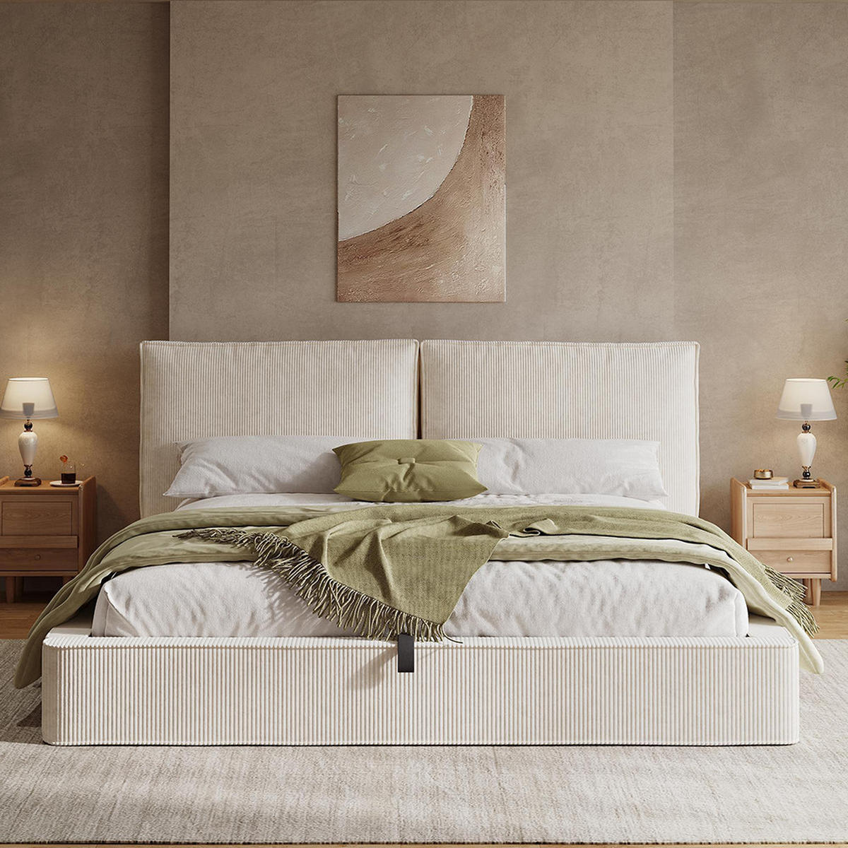 POLSTERBETT 180 x 200 cm, Bett mit Lattenrost, beige, Cord (gerippter Stoff) - Beige, Holz/Textil (180/200cm) - KOMHTOM