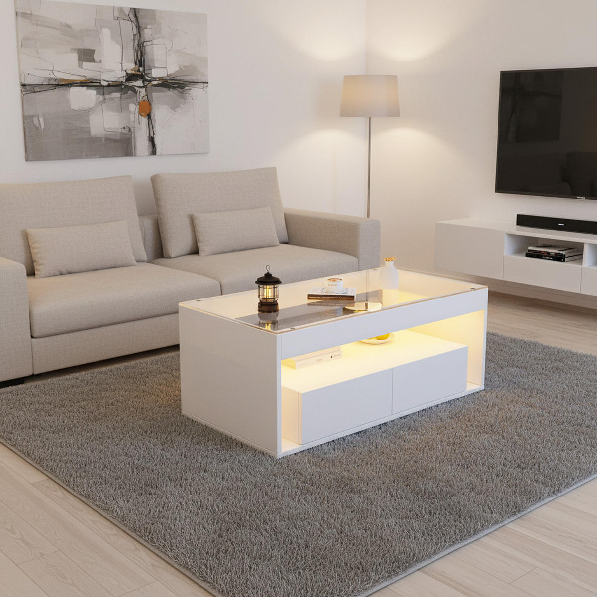 COUCHTISCH Weiß Hochglanz mit LED & 2 Schubladen - Beige, Holzwerkstoff (50/100/40cm) - Urban Meuble