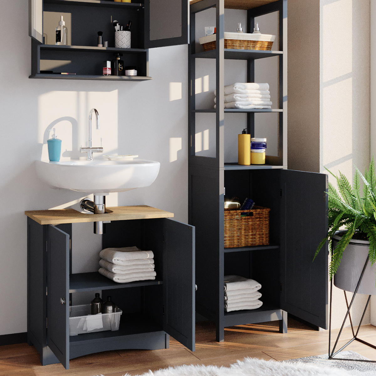BADSCHRANK Bianco Grau 40 x 160 cm - Grau, Holzwerkstoff (40/160/32cm) - Vicco