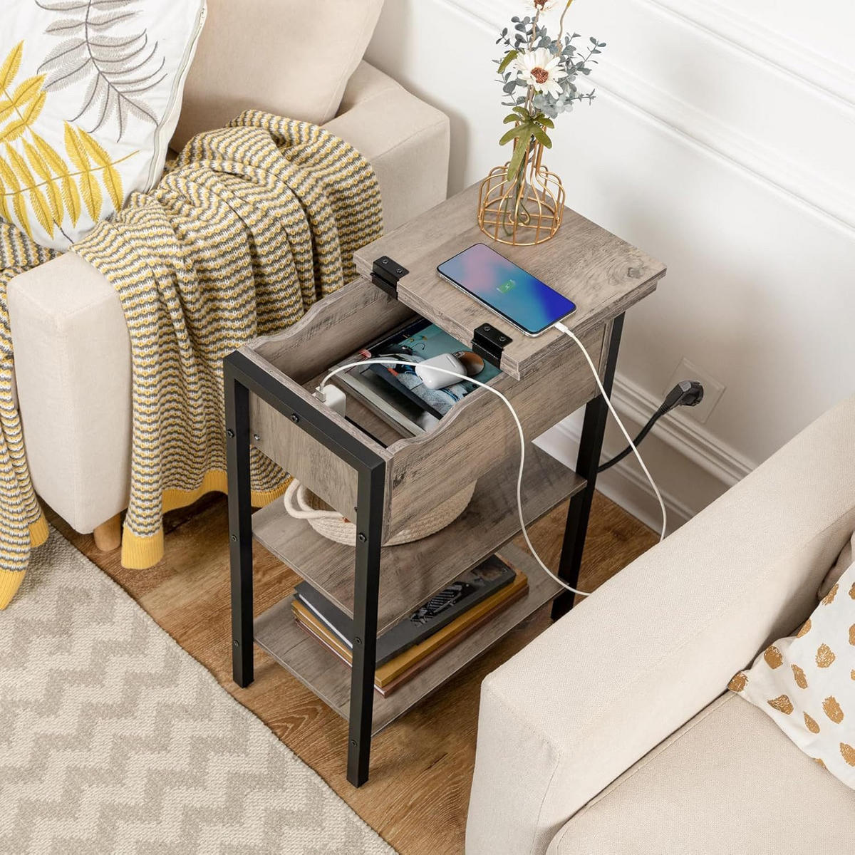 BEISTELLTISCH BRAUN Sofatisch mit Ladestation - Greige/Schwarz, Holzwerkstoff (48/26/64cm) - Hoobro