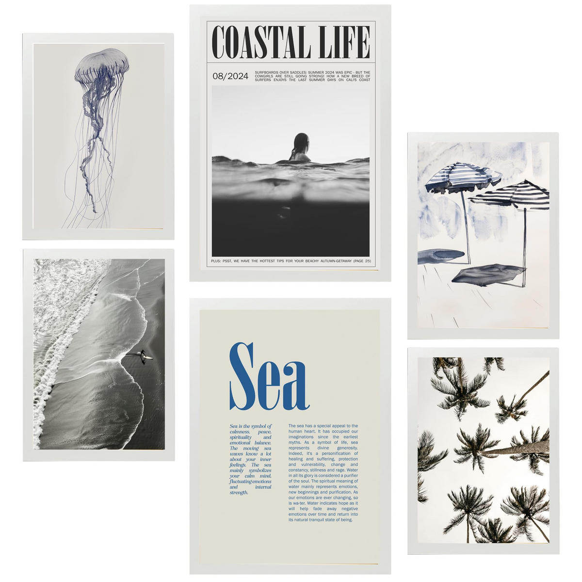 POSTER Set Mit 6 Marineblau, Blau, Meer & Sommer A3 & A4 Weißer Rahmen - Weiß, Papier (29/3cm) - Nacnic