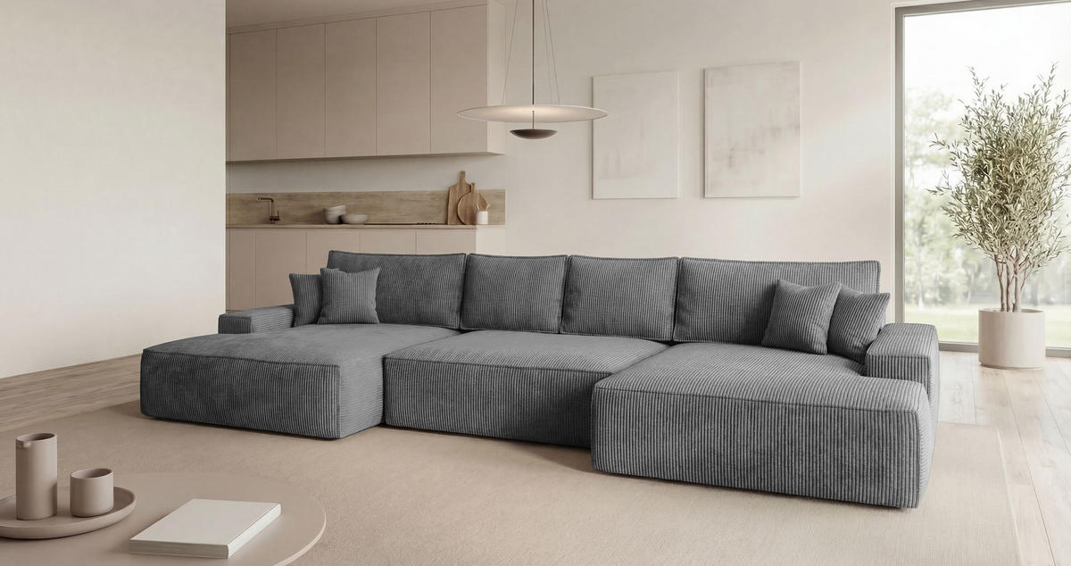 WOHNLANDSCHAFT VERONA U-Form dunkelgrau Cord Poso 60 - Schlaffunktion, Bettkasten - Anthrazit, Textil (385/86/185cm) - Cornero