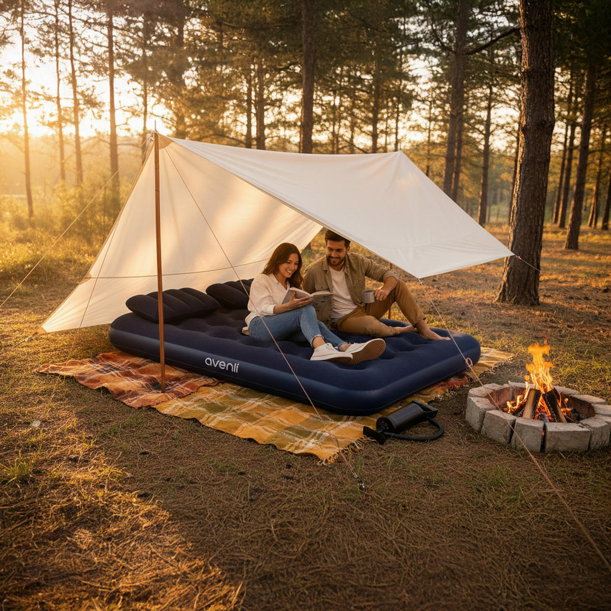 LUFTBETT Luftmatratze Camping für 2 Personen inklusive 2 Kissen und Pumpe - Blau, Kunststoff (137/191cm) - Avenli