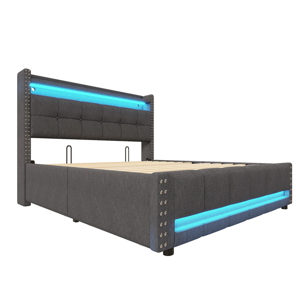 POLSTERBETT 140/200 cm Grau mit LED-Beleuchtung, USB-Anschluss und Stauraum - Grau, Textil (140/200cm) - Flora Grace