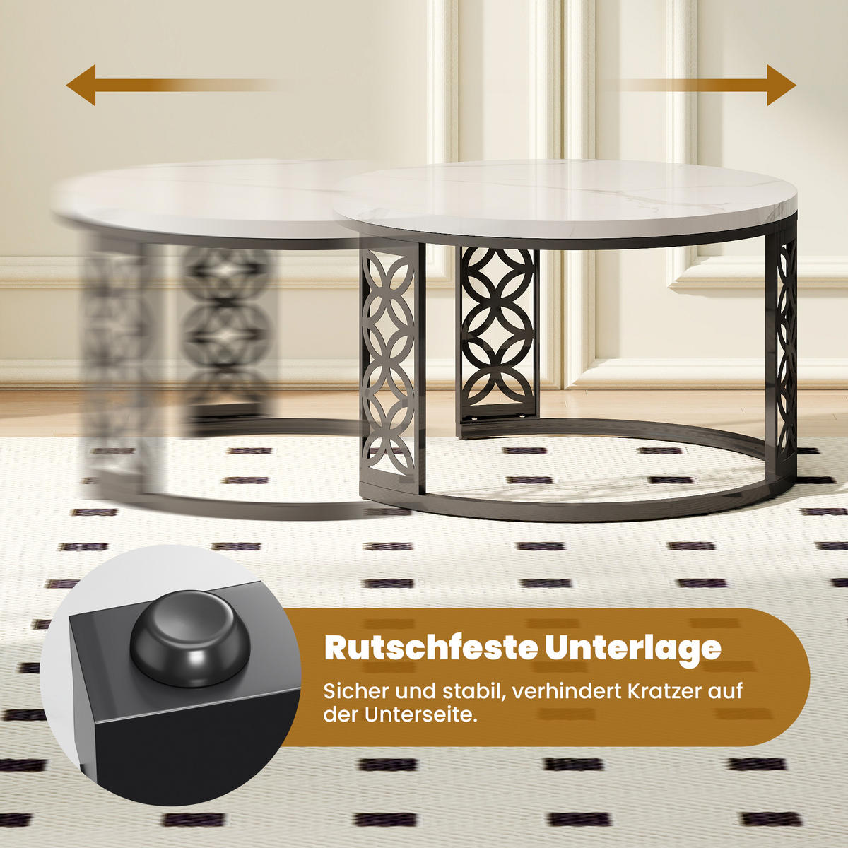 COUCHTISCH in Weiß/Schwarz Hitzebeständiger Wohnzimmertisch mit Marmor-Optik Platte Sofatisch mit Metallgestell - Schwarz/Weiß, Holzwerkstoff/Metall (70/70/45cm) - STILVORA