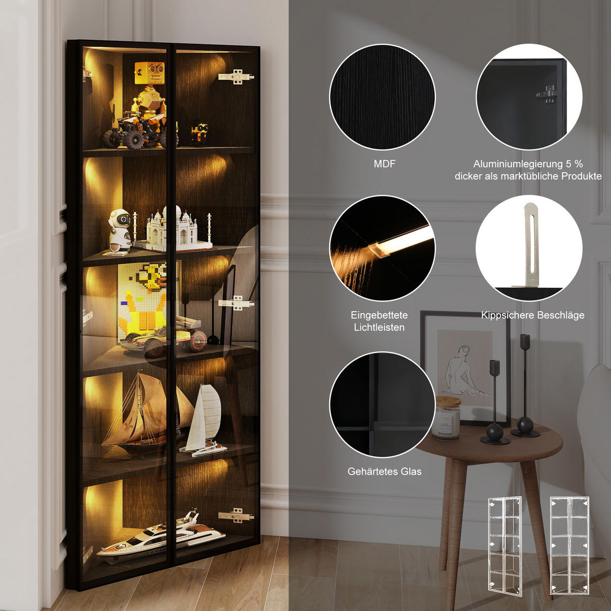 VITRINE 62cm Schwarz Glas LED Eckschrank modern - Schwarz, Holzwerkstoff (62/160/35cm) - FLIEKS