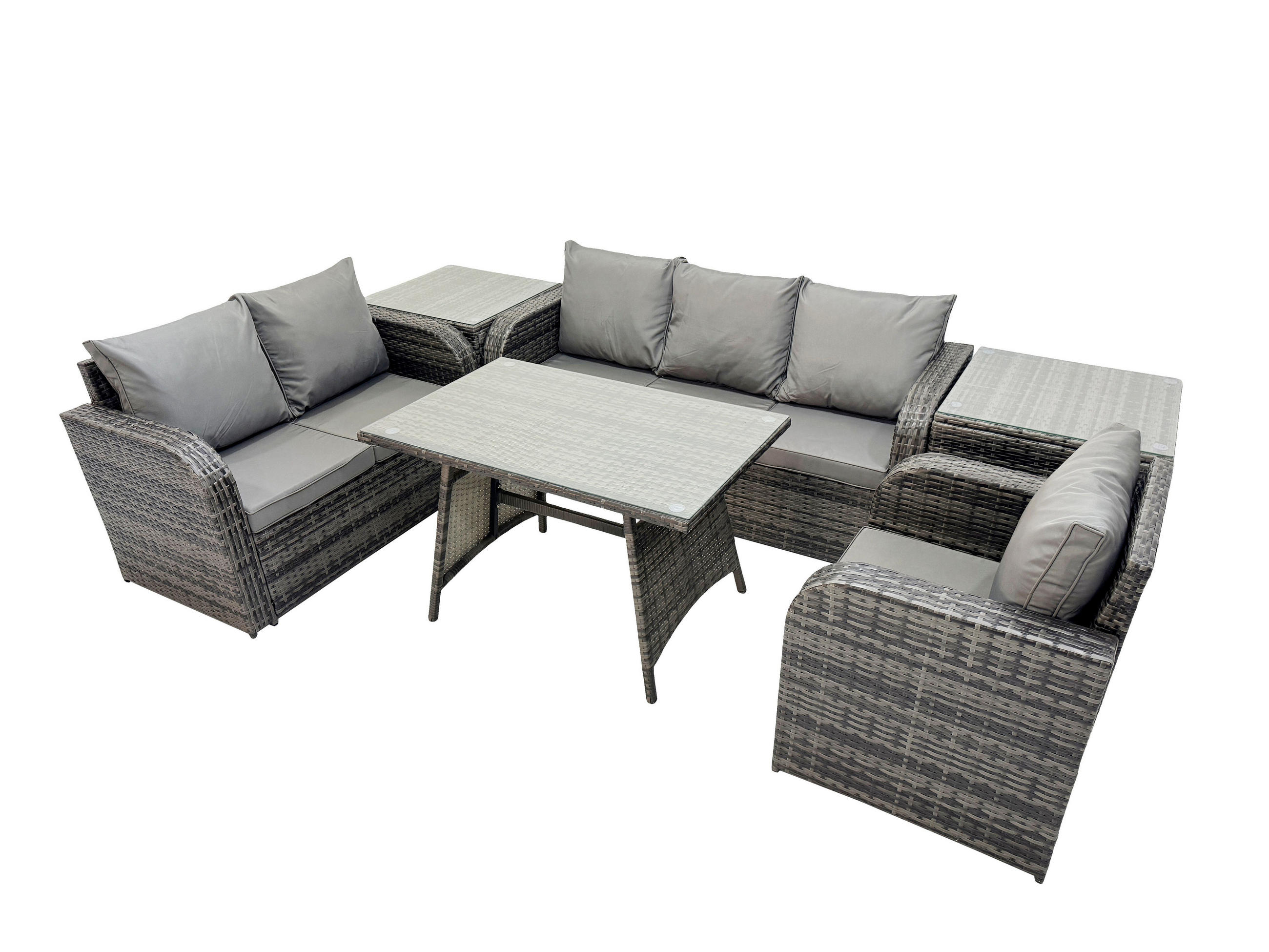 GARTENMÖBEL SET Polyrattan Dunkelgrau 6-Sitzer - Dunkelgrau/Grau, Glas/Kunststoff - Fimous