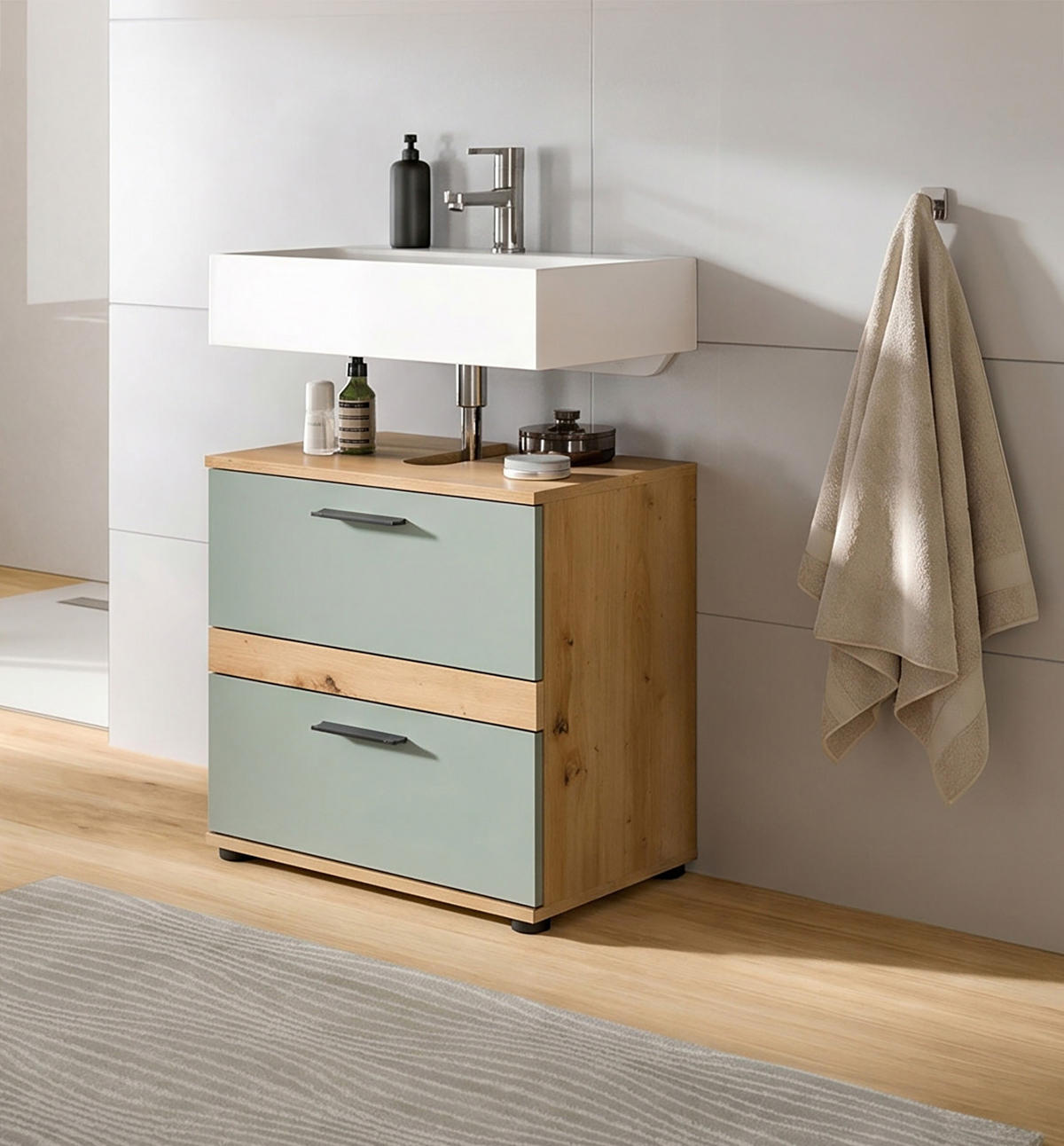 WASCHBECKENUNTERSCHRANK Flint (B/H/T: 60x57x34 cm) in Salbei und Artisan Eiche Nachbildung - Eiche Artisan, Holz (60/57/34cm) - Homes & Jones