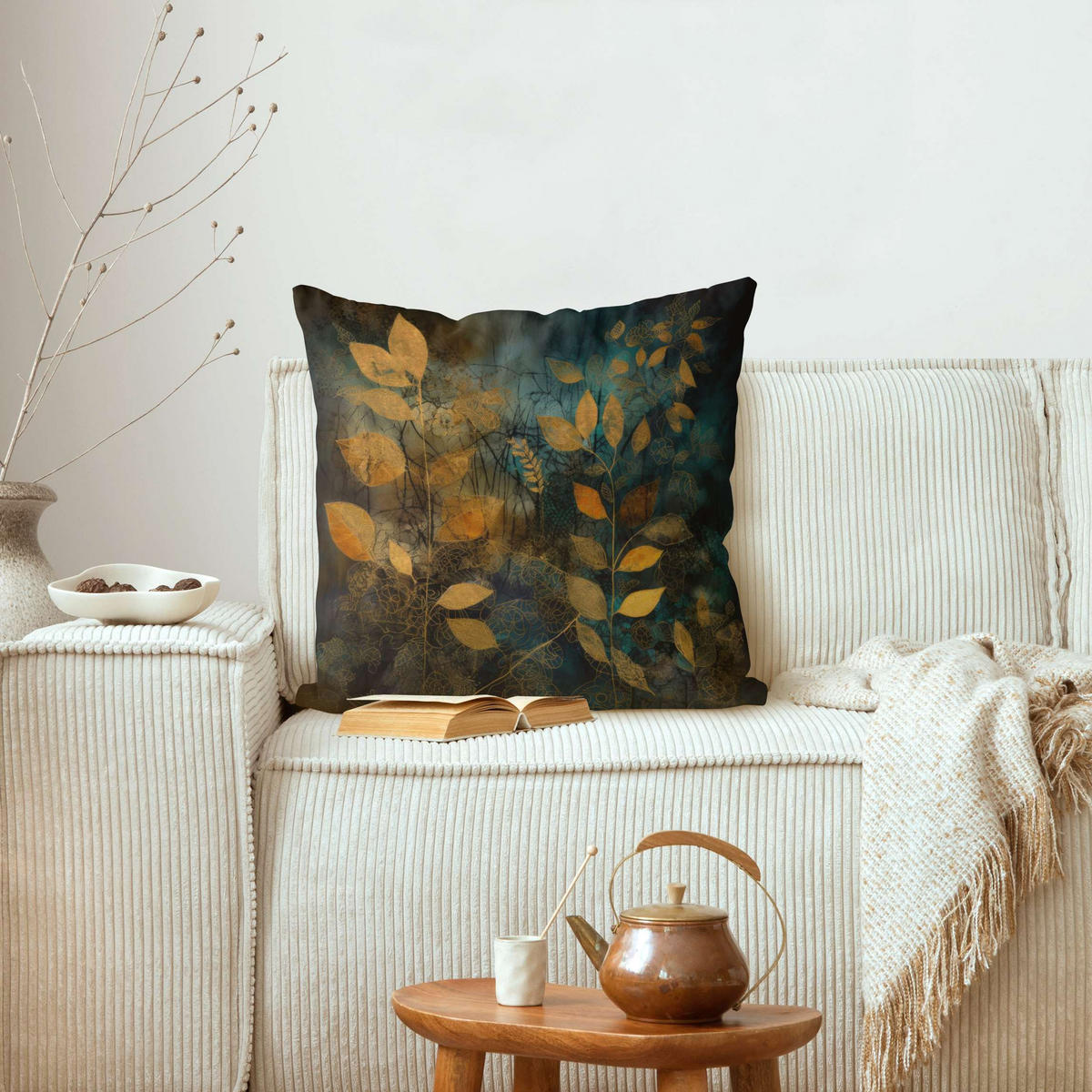 KISSENBEZUG Goldene Blätter auf Blau 50/50 cm - Goldfarben, Textil (50/50cm) - Bilderwelten