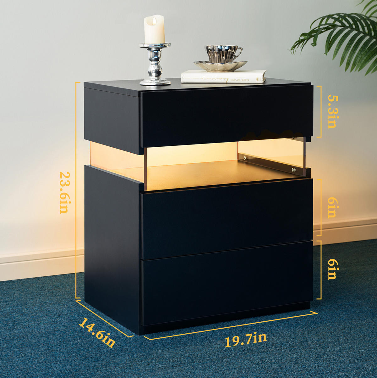 NACHTTISCH 48/38/61 cm mit 3 Schubladen & LED-Beleuchtung in Schwarz - Schwarz, Holzwerkstoff (38/61/48cm) - BEAOK