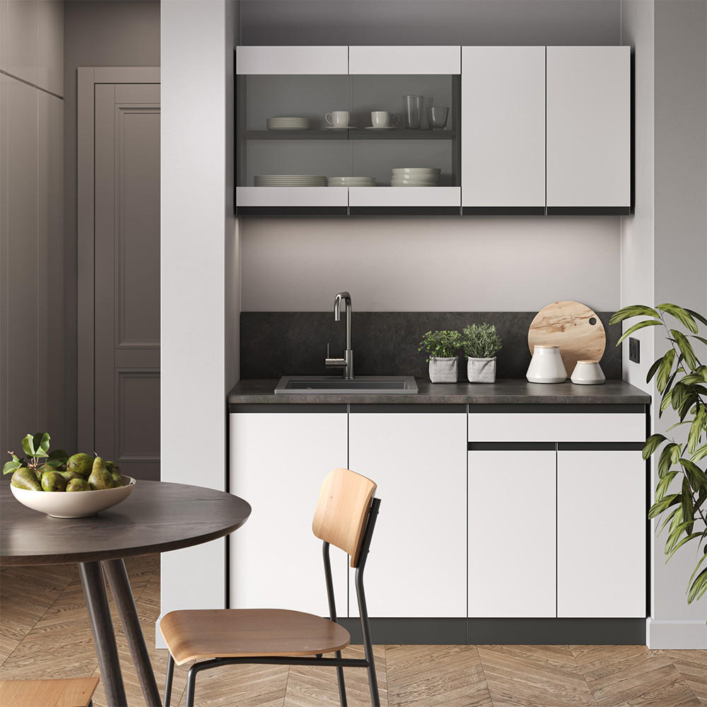SINGLEKÜCHE R-Line Weiß/Anthrazit 140 cm J-Shape - Anthrazit/Weiß, Holzwerkstoff (140/81.6/46cm) - Vicco