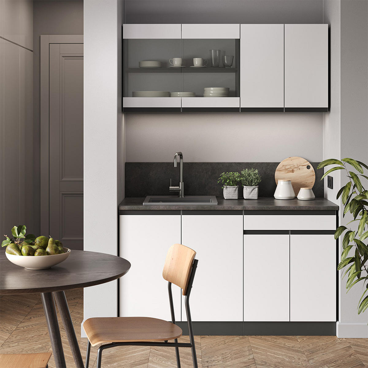 SINGLEKÜCHE R-Line Weiß/Anthrazit 140 cm J-Shape - Anthrazit/Weiß, Holzwerkstoff (140/81.6/46cm) - Vicco