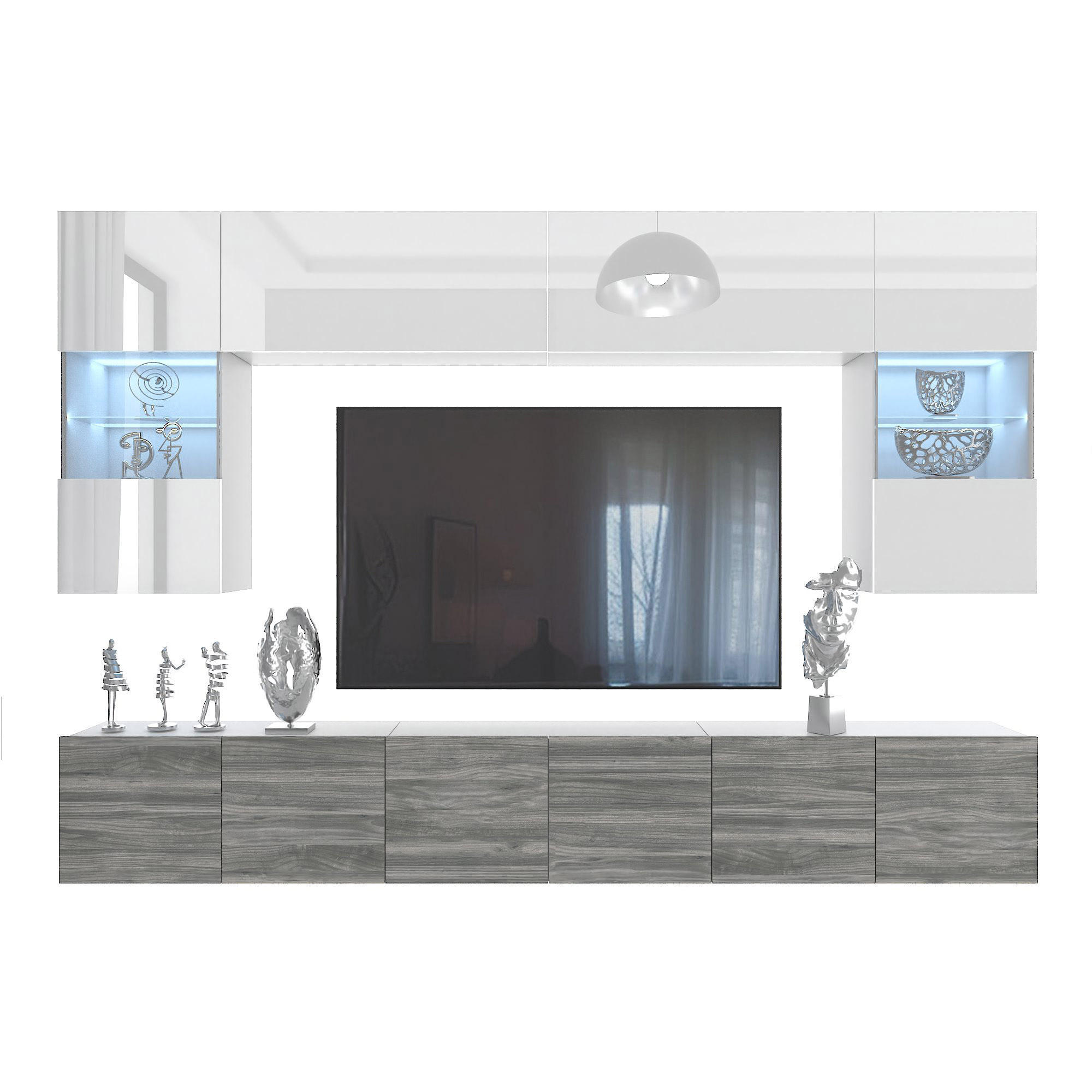 WOHNWAND Milano 1, Weiß Hochglanz/Grau Matt, 300 cm, Grifflos - Weiß, Holz (300/155/36cm) - B BELINI GROUP