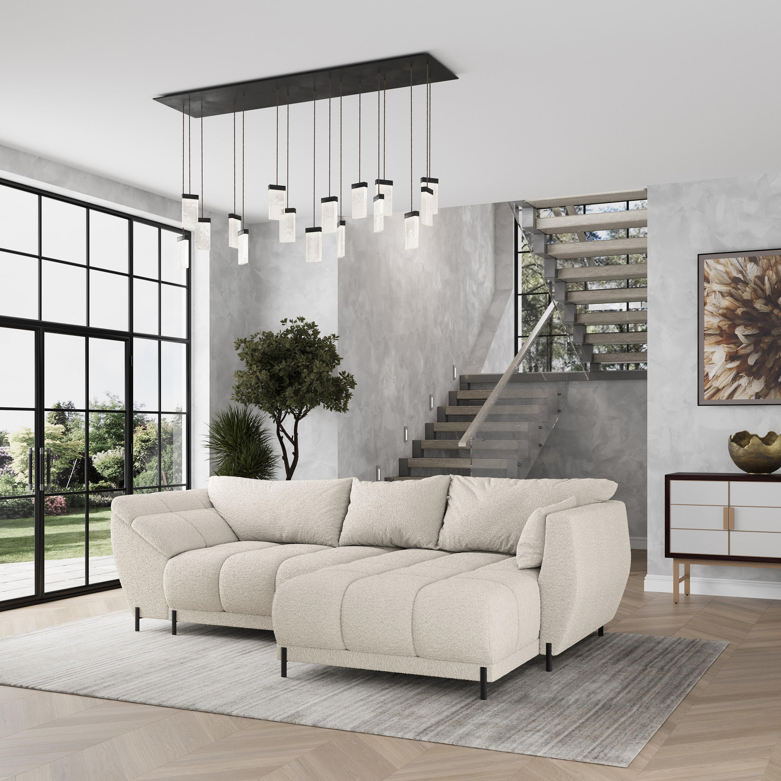 ECKSOFA VESTANO R-S Creme Boucle-Stoff mit Schlaffunktion - Creme, Holz (287/182cm) - MASSENO