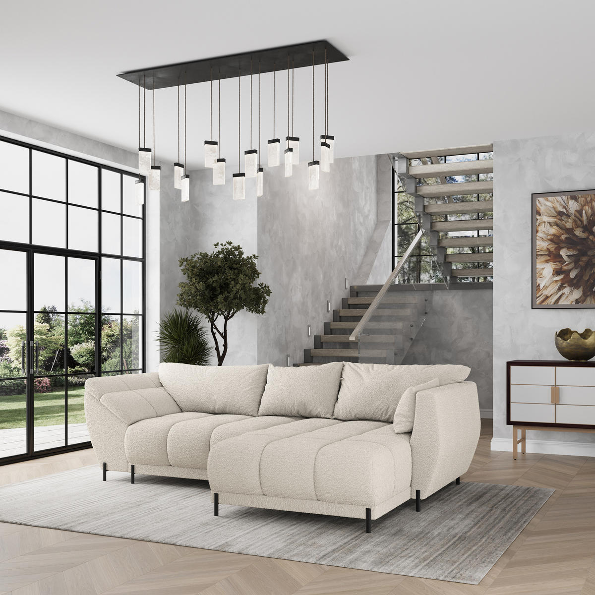 ECKSOFA VESTANO R-S Creme Boucle-Stoff mit Schlaffunktion - Creme, Holz (287/182cm) - MASSENO