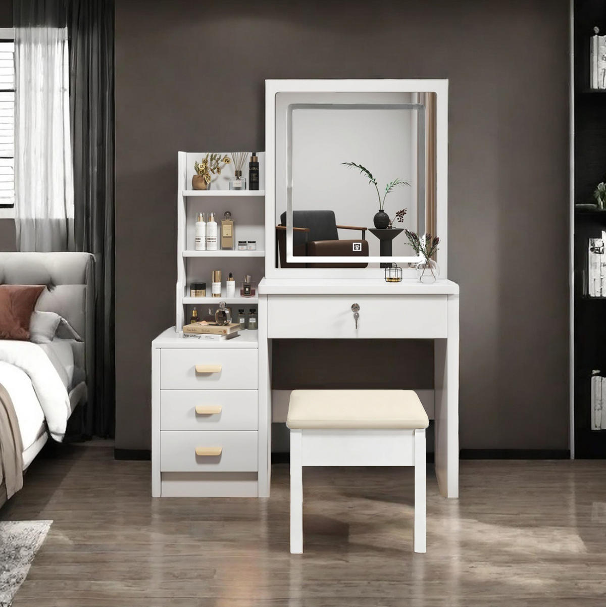 SCHMINKTISCH aus MDF 85x36x130 cm Weiß mit LED-Spiegel, Hocker und vielseitigem Stauraum - Weiß, Holzwerkstoff (85/130/36cm) - Modfu