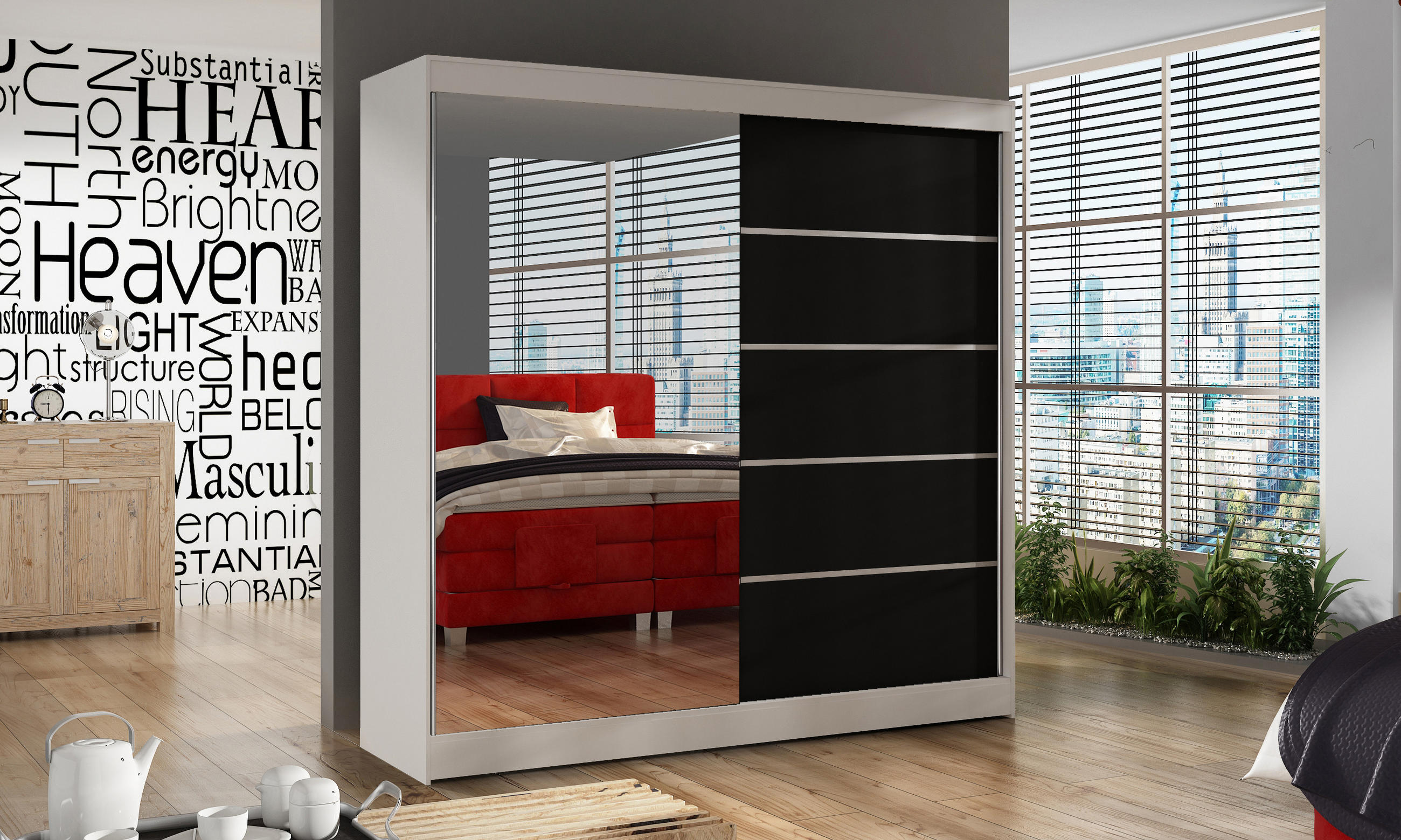 SCHWEBETÜRENSCHRANK Basti III - 200 cm - Schwarz/Weiß, Holzwerkstoff/Metall (200/215/58cm) - Sofnet