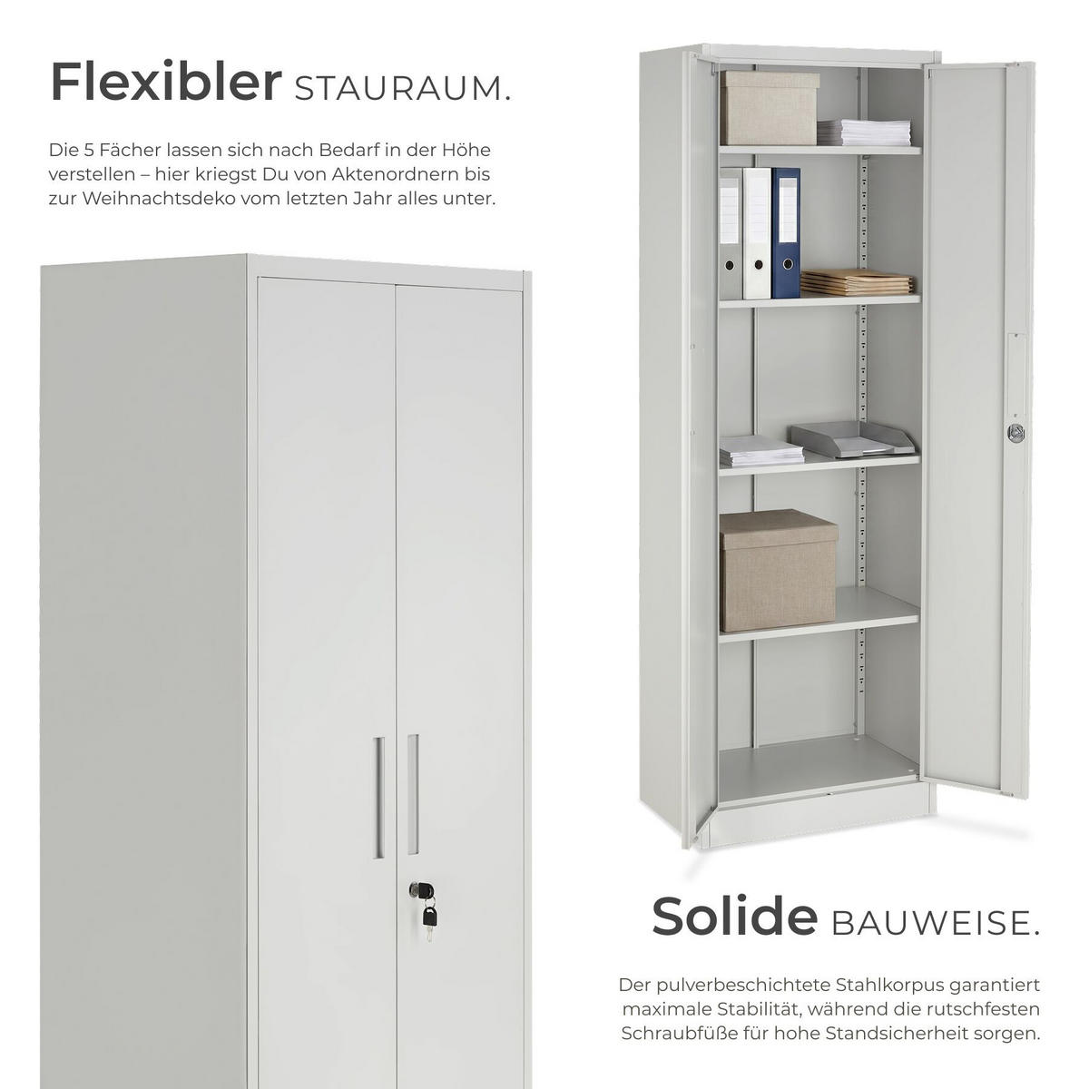 AKTENSCHRANK Brandon, Kippschutz, höhenverstellbare Füße, grau - Grau, Metall (60/180.5/40cm) - tectake
