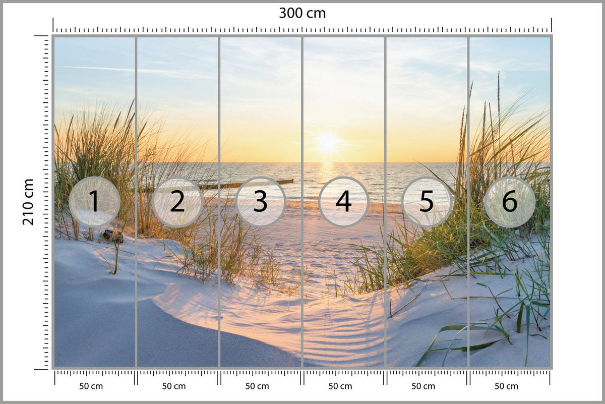 FOTOTAPETE Strand Meer Sonnenuntergang Landschaft 3D 300x210 - Blau/Gelb, Papier (300/210cm) - Muralo