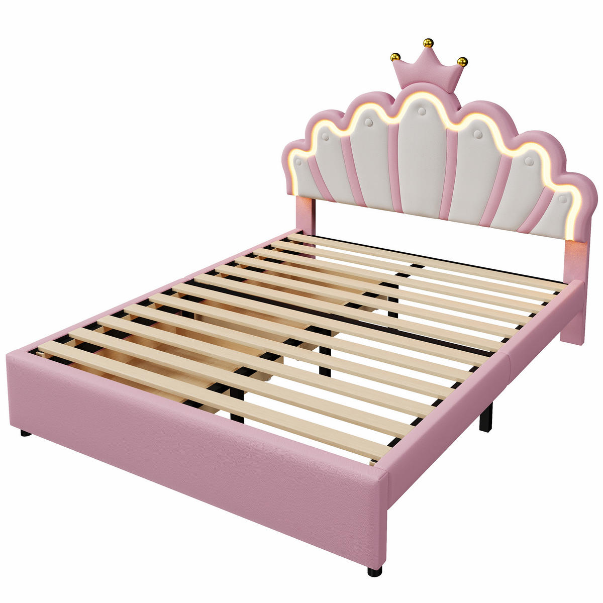 POLSTERBETT 140x200cm Rosa PU Fernbedienung Kronenform 2 Schubladen - Pink, Holz (140/200cm) - FLIEKS