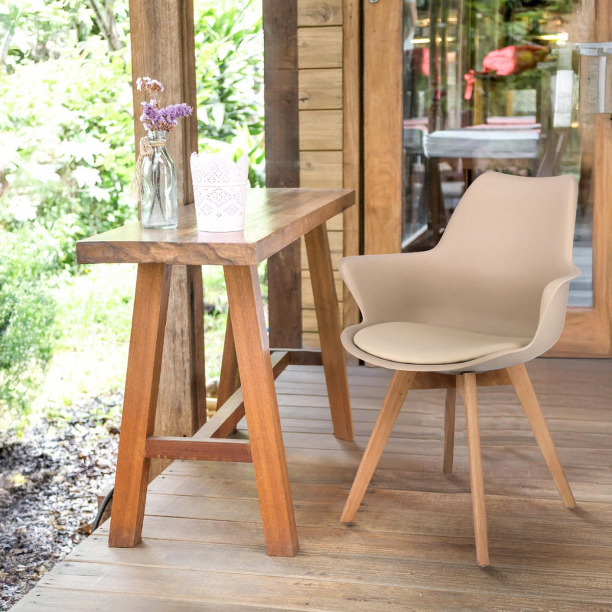 STUHL Orlean - beige - Beige/Buchefarben, Leder/Holz (63/83/59cm) - JuMi