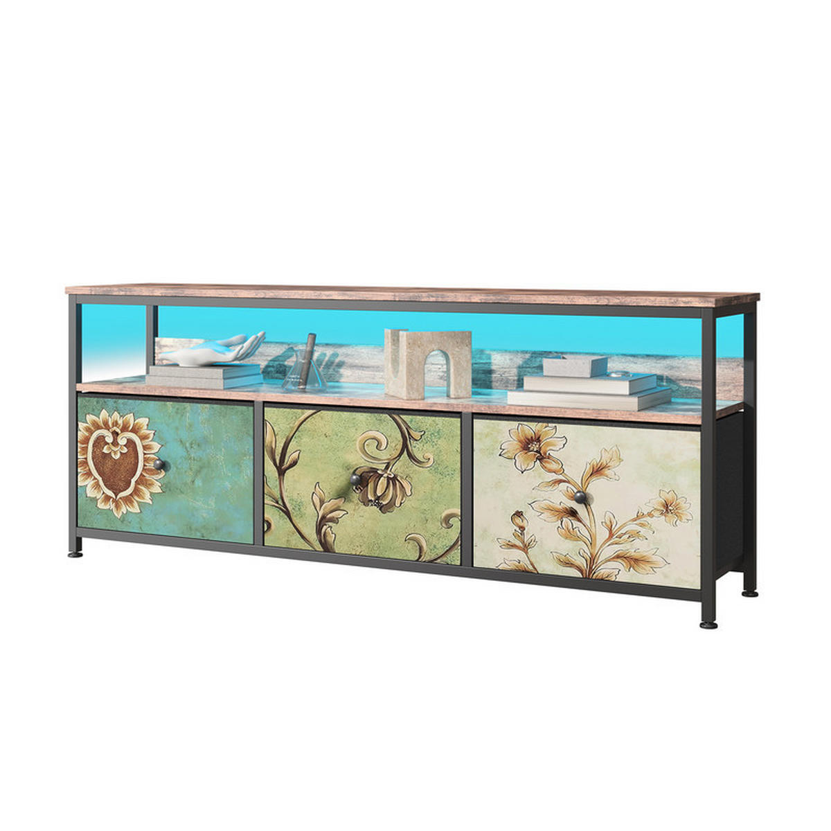 LOWBOARD, TV Schrank mit LED 137x30x57 cm, mit 3 Stoffschubladen und offenen Fächern - Blaugrau, Holz (29.8/57/137cm) - WoodenAura