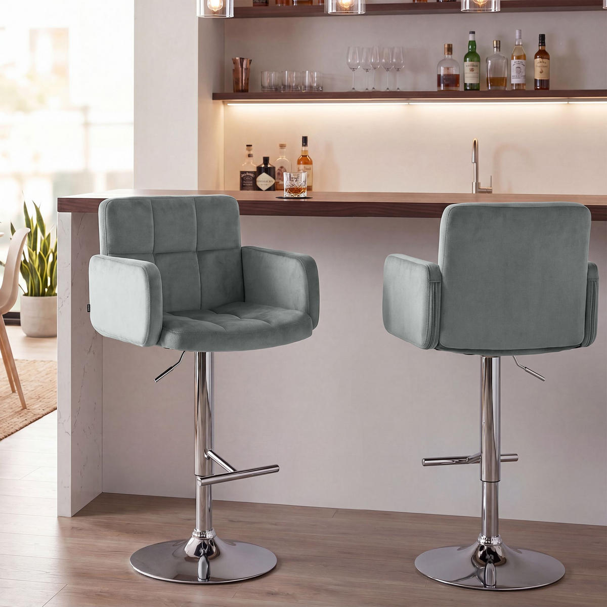 BARHOCKER 2 Samt Grau - Chromfarben/Grau, Textil/Metall (60/93/56cm) - CLP