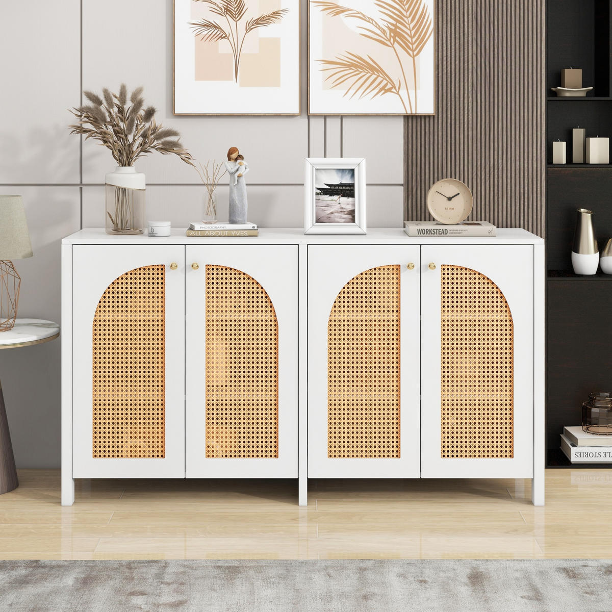 SIDEBOARD 145/40/80 cm weiß aus MDF mit 4 Rattantüren und Metallgriffen - Weiß, Holzwerkstoff (145/40/80cm) - OKWISH