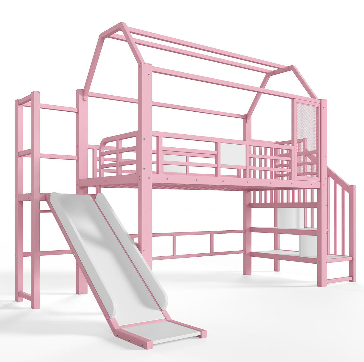 HOCHBETT aus Metall und MDF 90x200 cm Pink mit Rutsche, Stauraumtreppe und Bluetooth-LED-Beleuchtung - Pink, Holzwerkstoff (90/200cm) - IVMEU