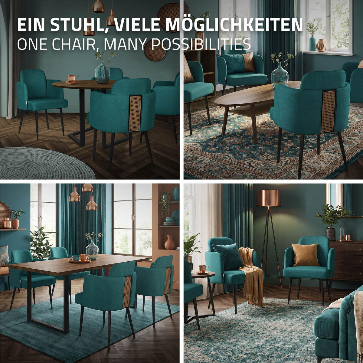 ESSZIMMERSTÜHLE 2er Set Petrol mit Stoffbezug Rattan Optik - Petrol/Schwarz, Textil/Metall (59/86/59cm) - ML-DESIGN