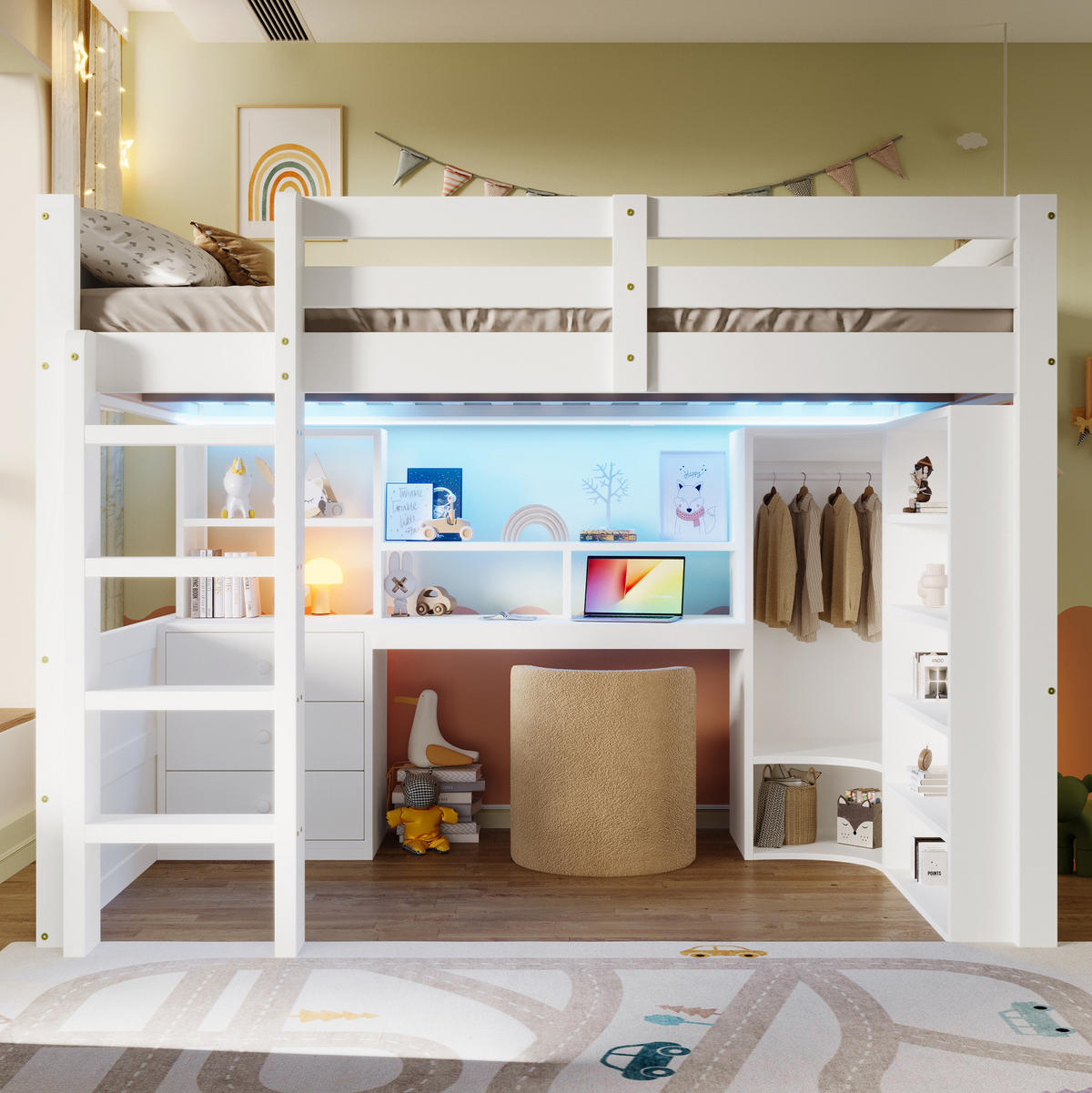 HOCHBETT 140/200 cm in Weiß mit Schreibtisch, Kleiderschrank und Stauraum - Weiß, Holzwerkstoff (140/200cm) - BEAOK