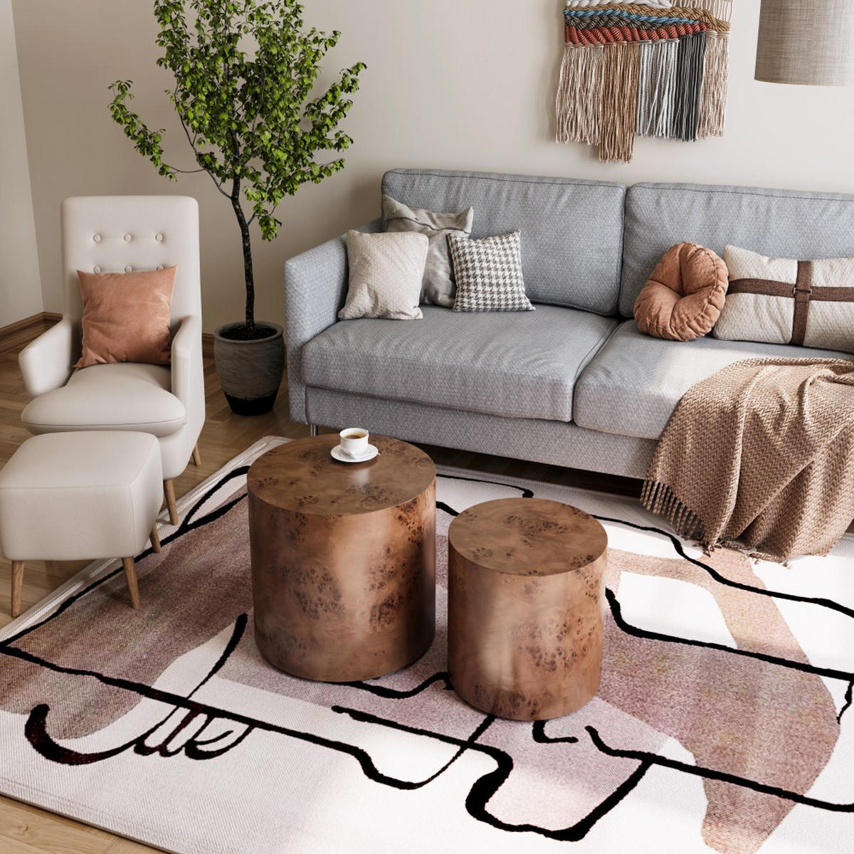 COUCHTISCHE 2er Set runde Nesting-Tische aus Naturholz mit einzigartiger Burl-Maserung – platzsparender Beistelltisch für Wohnzimmer, Balkon & Büro - Dunkelbraun, Holzwerkstoff (48/48/38cm)