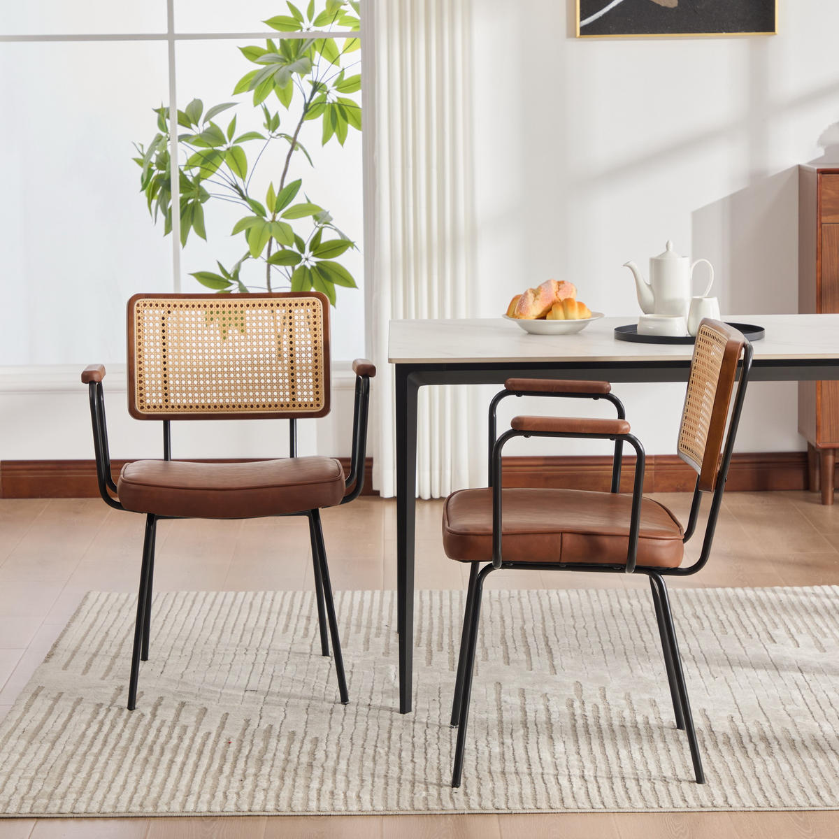 ARMLEHNSTUHL-SET DE-36881 2 Stück mit PU-Leder und Rattan-Optik Braun - Braun, Metall (58/82/62.5cm) - ComfortXL