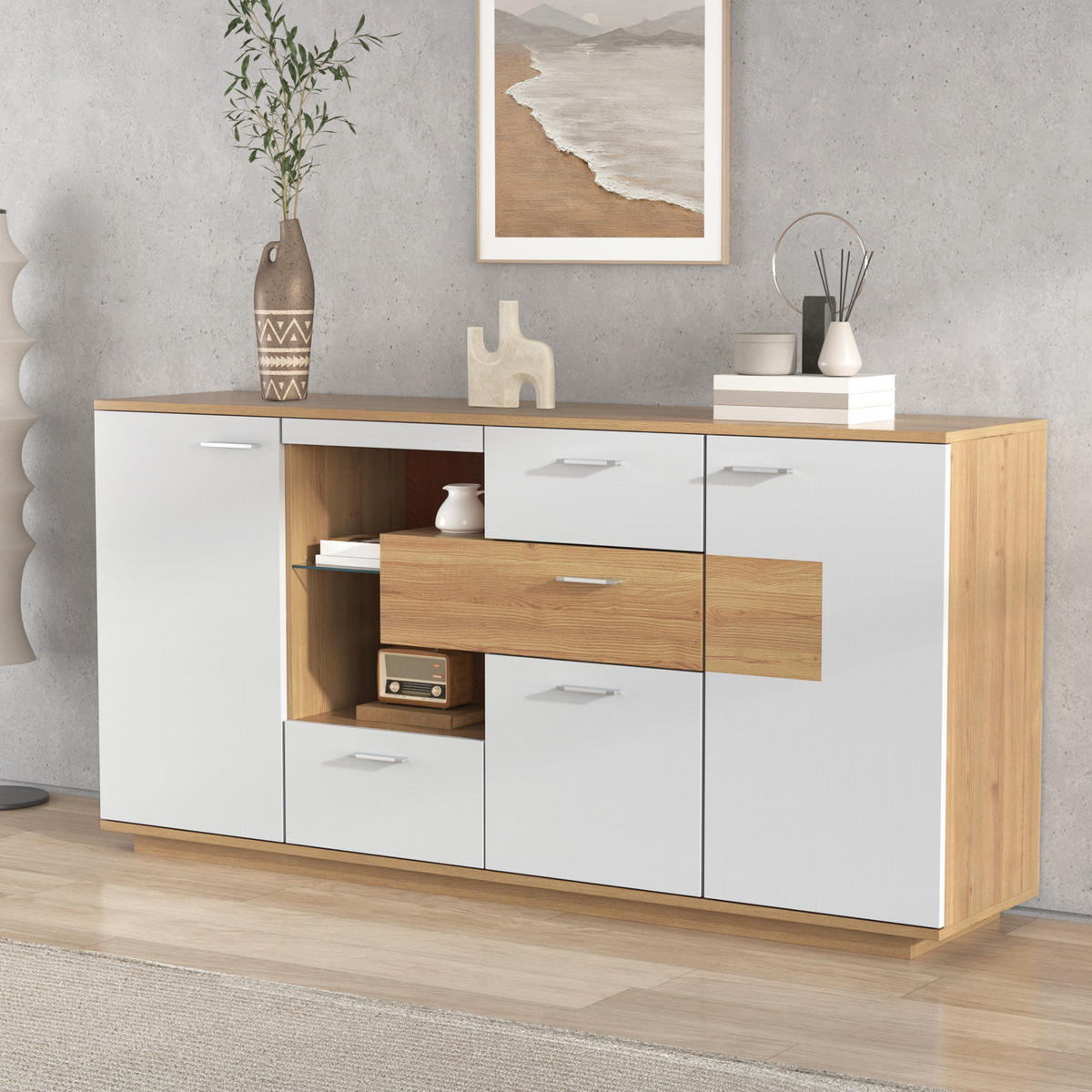 SIDEBOARD 160/40/77 cm, 2 Türen und 4 Schubladen, Holzoptik/Weiß mit einstellbarer 16-farbiger LED，Naturfarben - Naturfarben, Holzwerkstoff (160/77/40cm) - Redom
