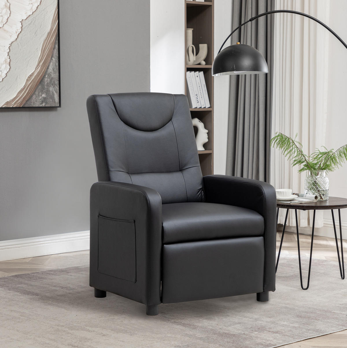 RELAXSESSEL PU mit verstellbarer Rückenlehne, klappbarer Fußstütze 76,5/67,5/95,5 cm Schwarz - Schwarz, Kunststoff (67.5/95.5/76.5cm) - Redom