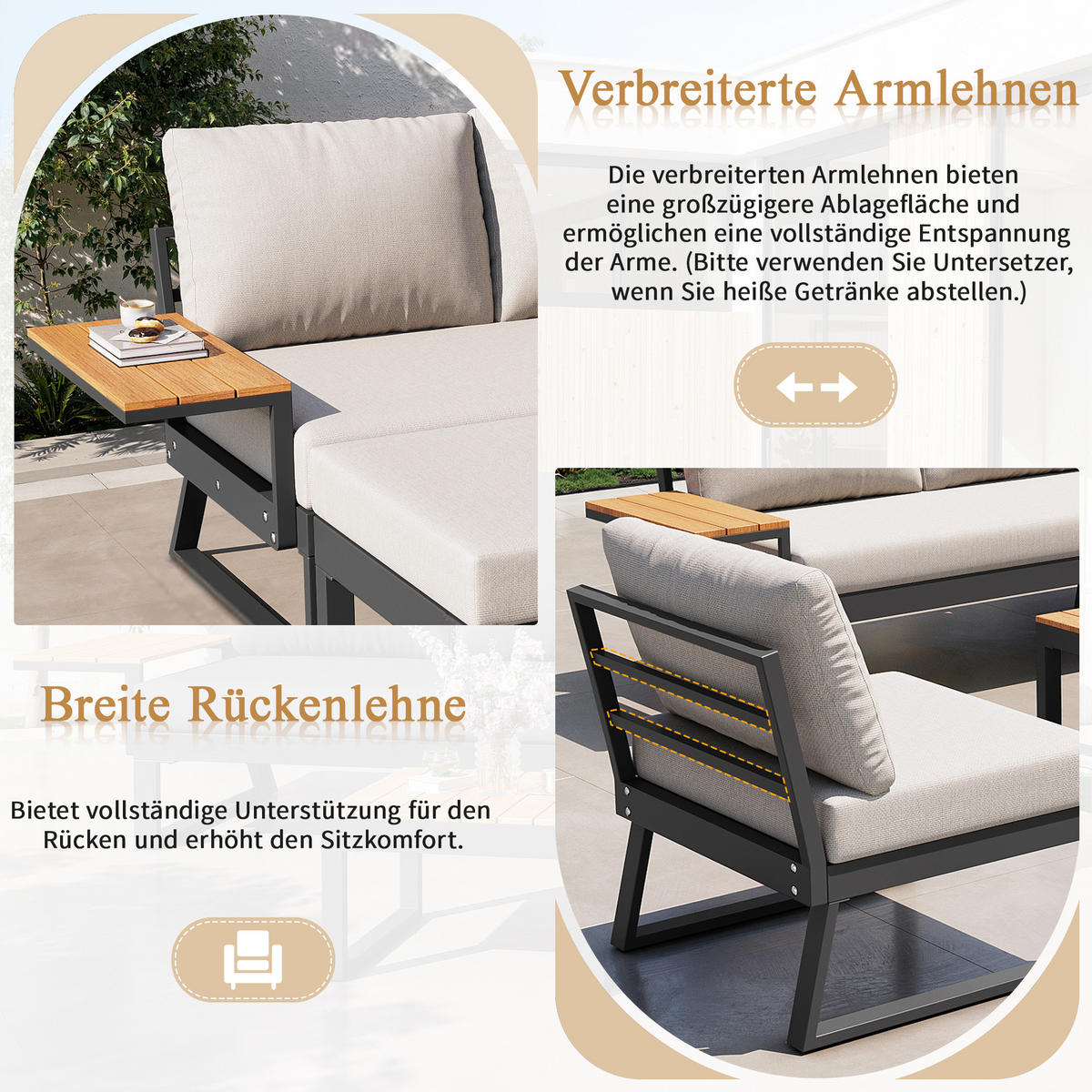 LOUNGESET, 7 Personen, Eisen, Ecksofa, Holztisch, Beige - Beige, Metall - FLIEKS