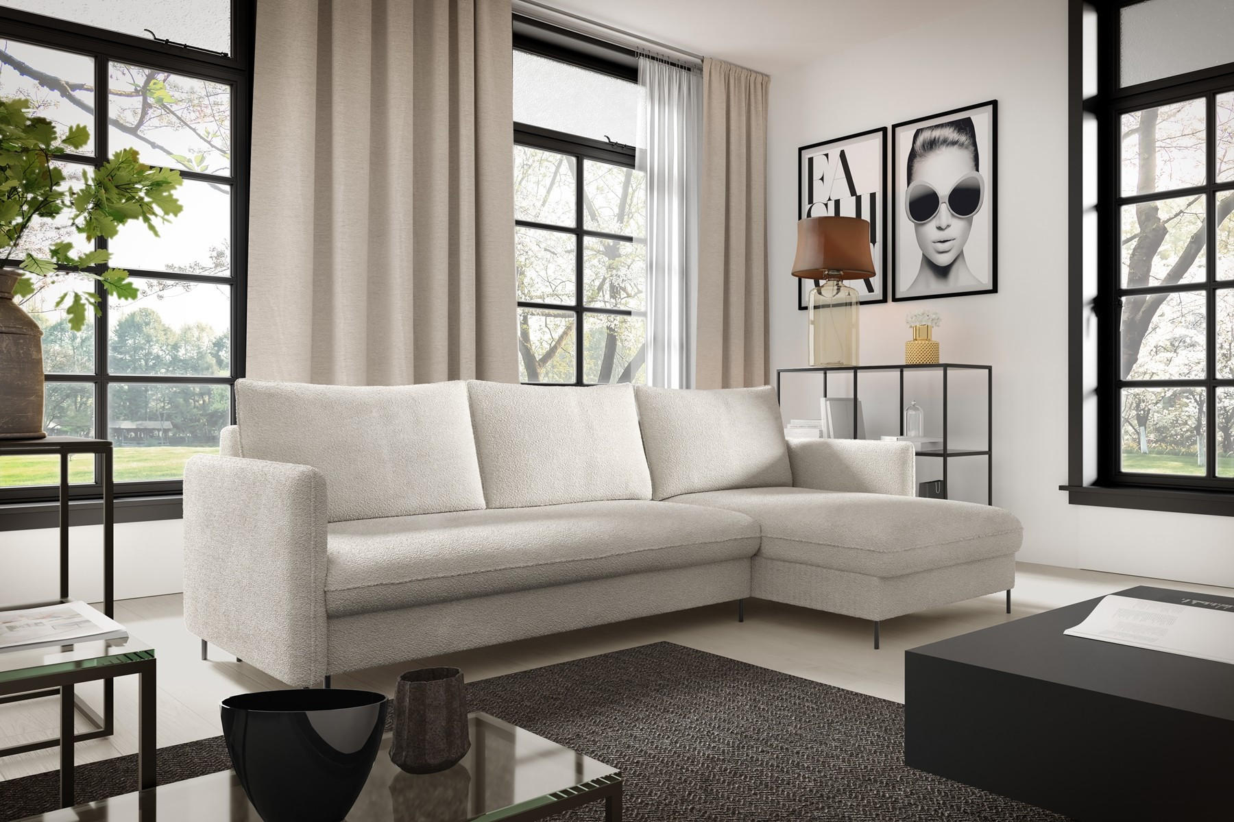 ECKSOFA Belis Boucle in Beige, Schlafsofa - Beige, Holzwerkstoff/Textil (216/165cm) - Bettso
