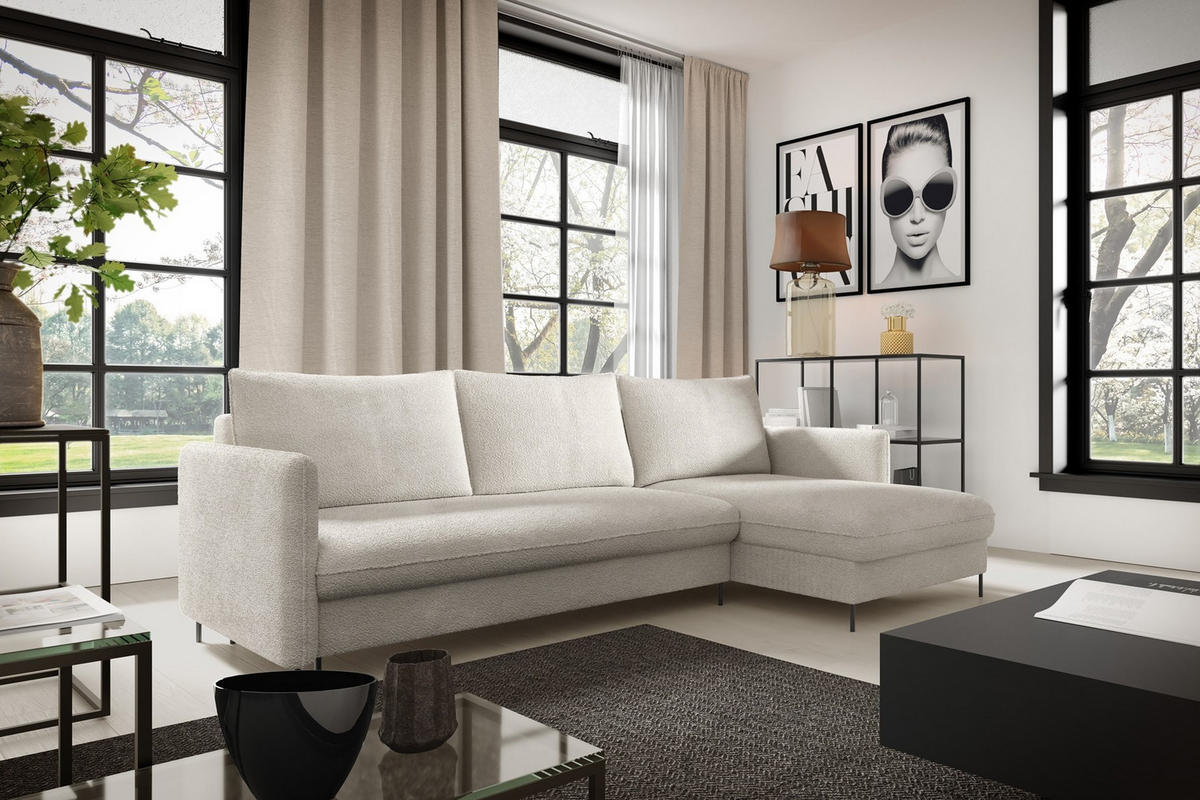 ECKSOFA Belis Boucle in Beige, Schlafsofa - Beige, Holzwerkstoff/Textil (216/165cm) - Bettso
