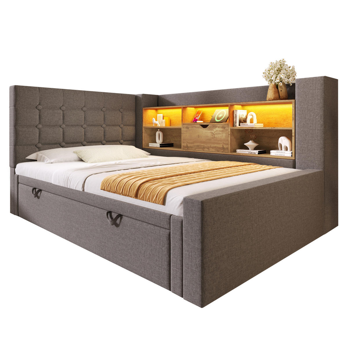 POLSTERBETT 90/200 cm in Grau mit Ausziehbett, LED und USB aus Leinen - Grau, Holzwerkstoff/Textil (90/200cm) - CHICFURN