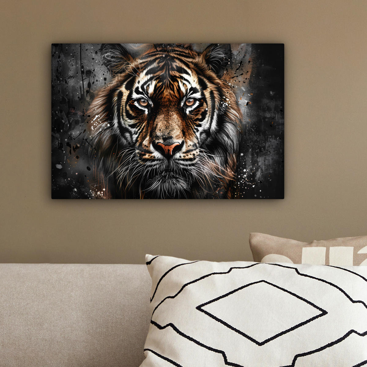 LEINWANDBILD Tiger - Tiere - Porträt - Luxus - Schwarz 30x20 cm - Anthrazit, Textil (30/20cm) - MuchoWow