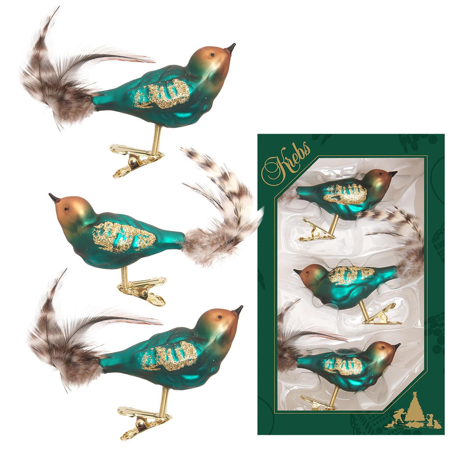 CHRISTBAUMSCHMUCK Wintervögel Grün 9cm (Glas / 3 Stk.) - Grün, Glas (4/4/9cm) - Krebs Glas Lauscha