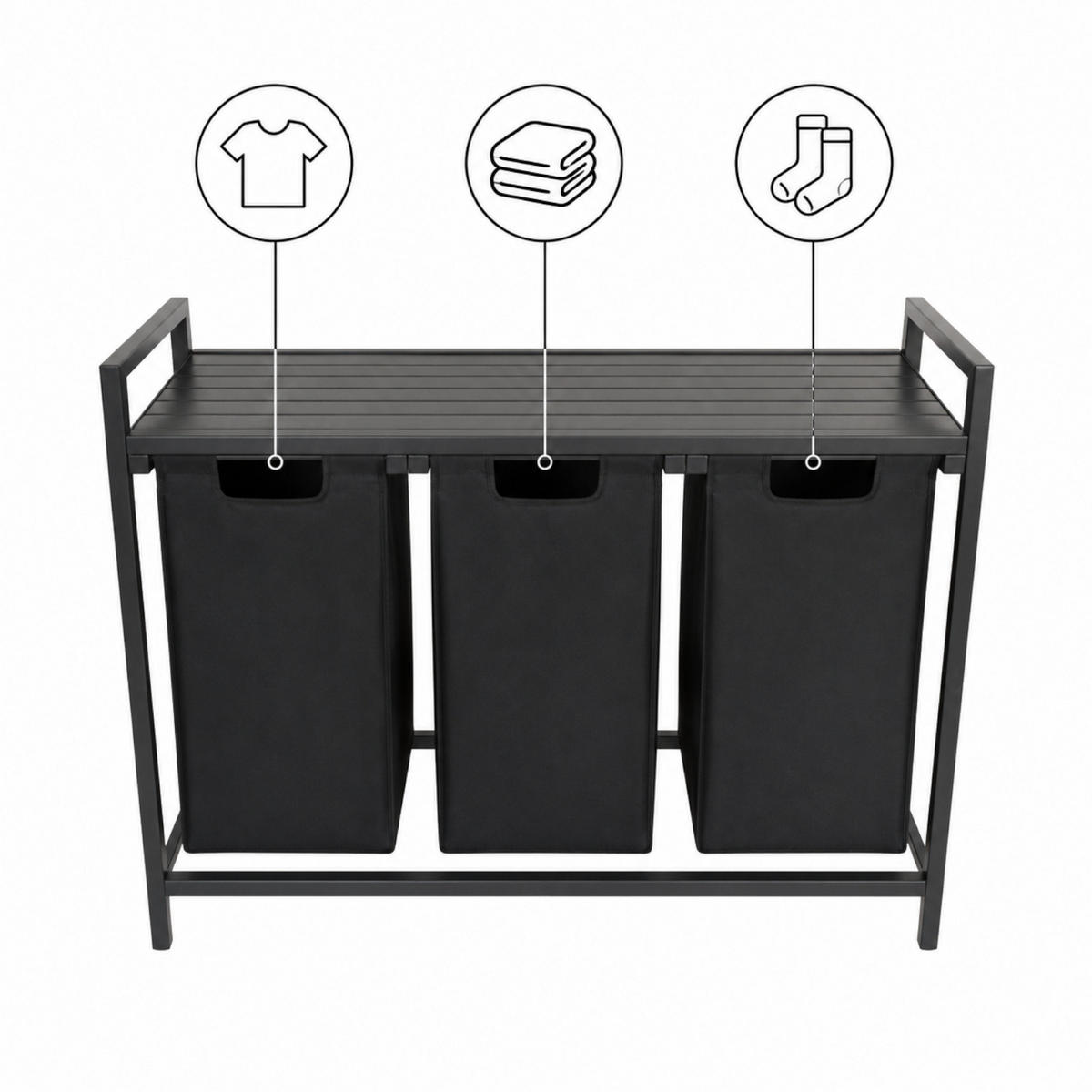 WÄSCHEKORB Metall Stoff MDF Schwarz 3 Wäschesäcke 114l 92,5x33x71 cm - Schwarz, Holzwerkstoff/Textil (92.5/71/33cm) - Begryf