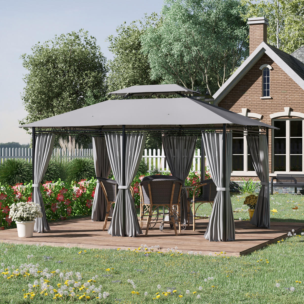 GARTENPAVILLON Stahl Polyester Grau - Dunkelgrau, Kunststoff/Metall (400/265/300cm) - Outsunny