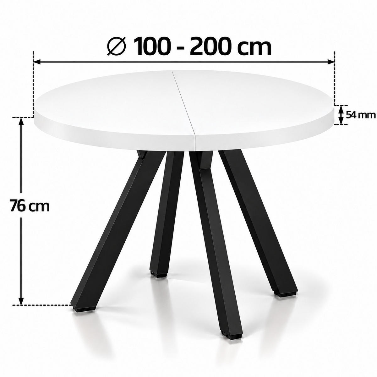 ESSTISCH rund ausziehbar 100/200/76 cm, Weiß, 54 cm Tischplatte + Y Metallgestell Schwarz - Schwarz/Weiß, Holzwerkstoff/Metall (100/200/76cm) - Damale Möbel