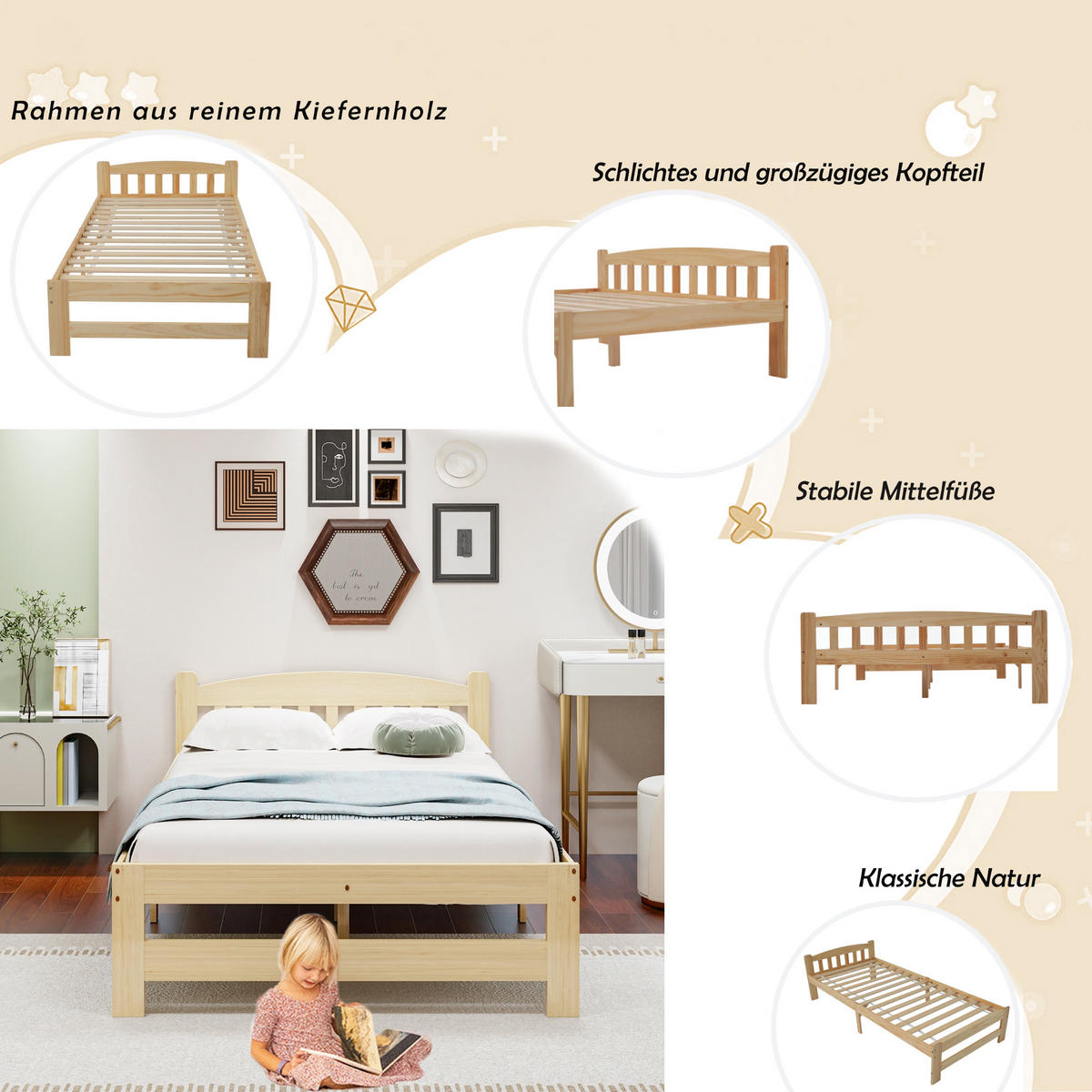 BETT 90/200 cm Natur Massivholz mit Kopfteil und Lattenrost - Naturfarben, Holz (90/200cm) - OKWISH