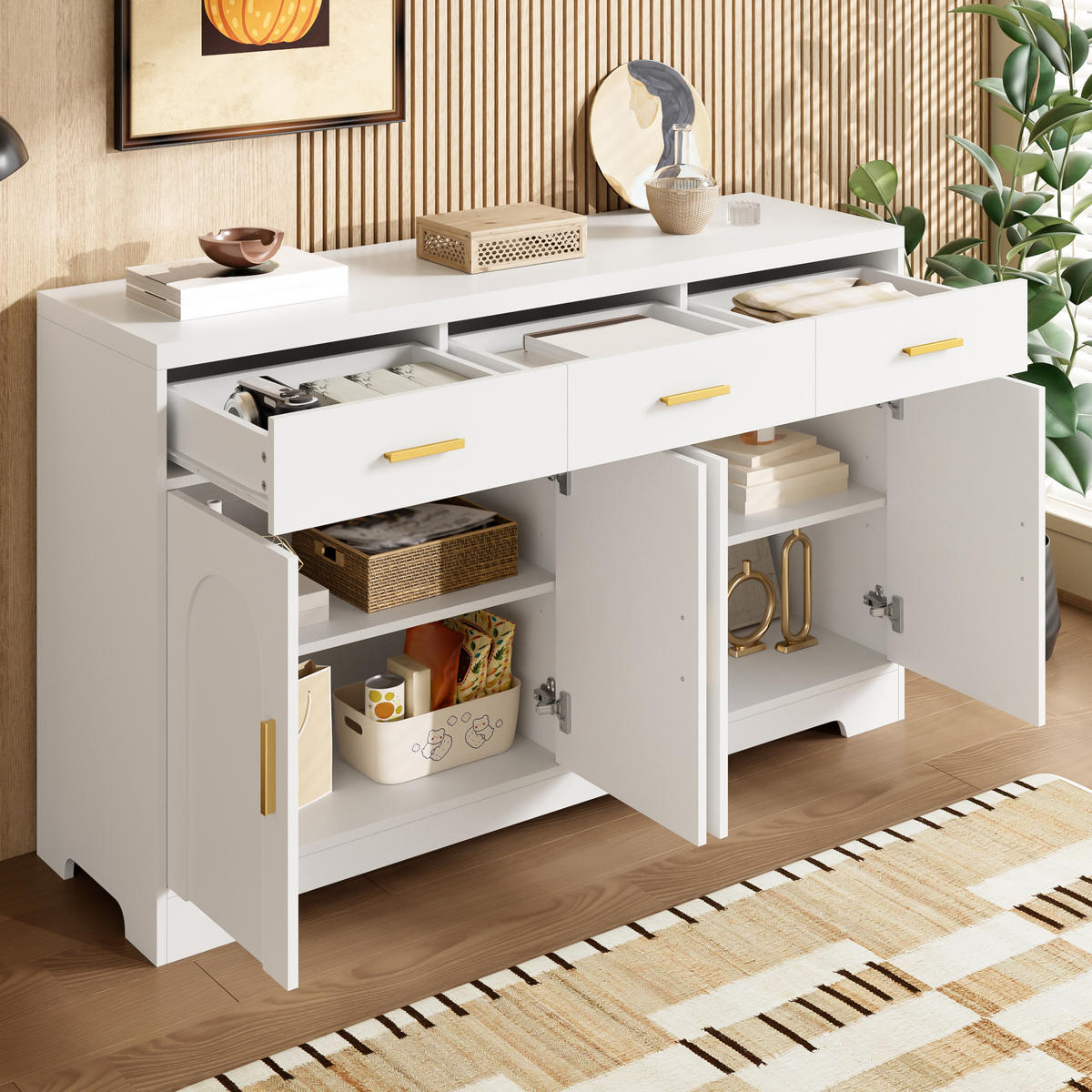 SIDEBOARD Weiß 4 Türen 3 Schubladen Gold Griffe MDF - Weiß, Holzwerkstoff (140/83/40cm) - FLIEKS