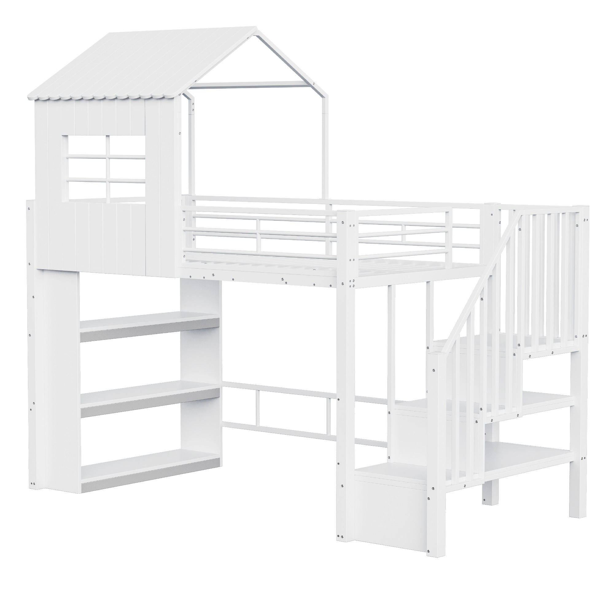 HOCHBETT 90/200 cm DE-01529, in Weiß, mit Hausdesign, Stauraumregal und Sicherheitstreppe - Weiß, Metall (90/200cm) - ComfortXL