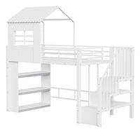 HOCHBETT 90/200 cm DE-01529, in Weiß, mit Hausdesign, Stauraumregal und Sicherheitstreppe - Weiß, Metall (90/200cm) - ComfortXL